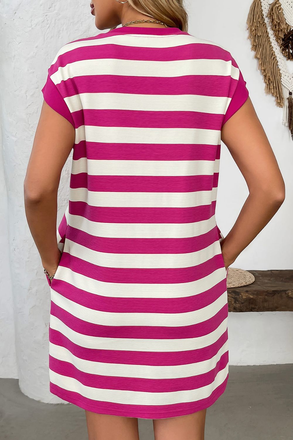 Contrast Striped Round Neck Short Sleeve Mini Dress