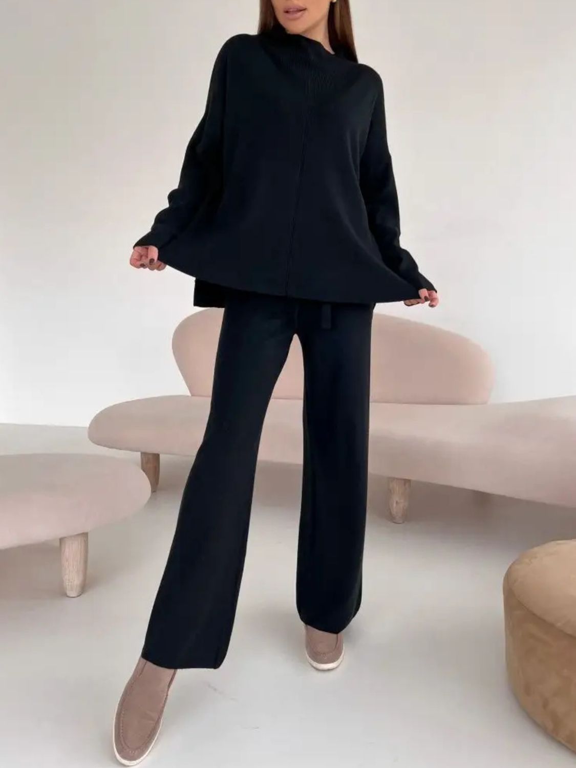 Slit Mock Neck Top and Pants Sweater Set