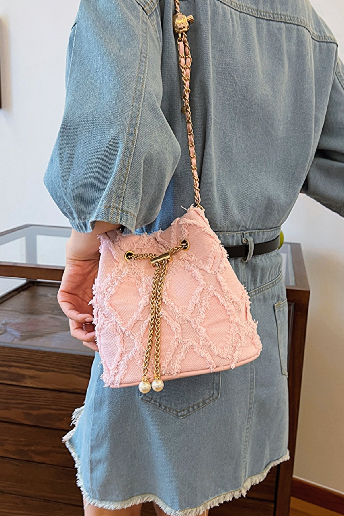 Chain Drawstring Raw Edge Denim Bucket Bag