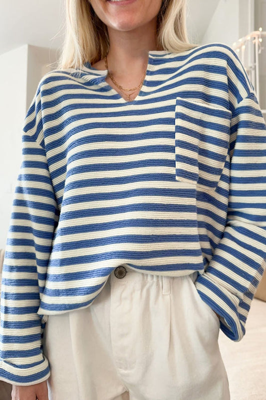 Stripe Chest Pocket Notched Top