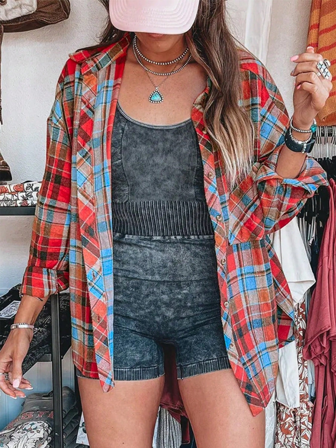 Plaid Collared Neck Long Sleeve Shirt