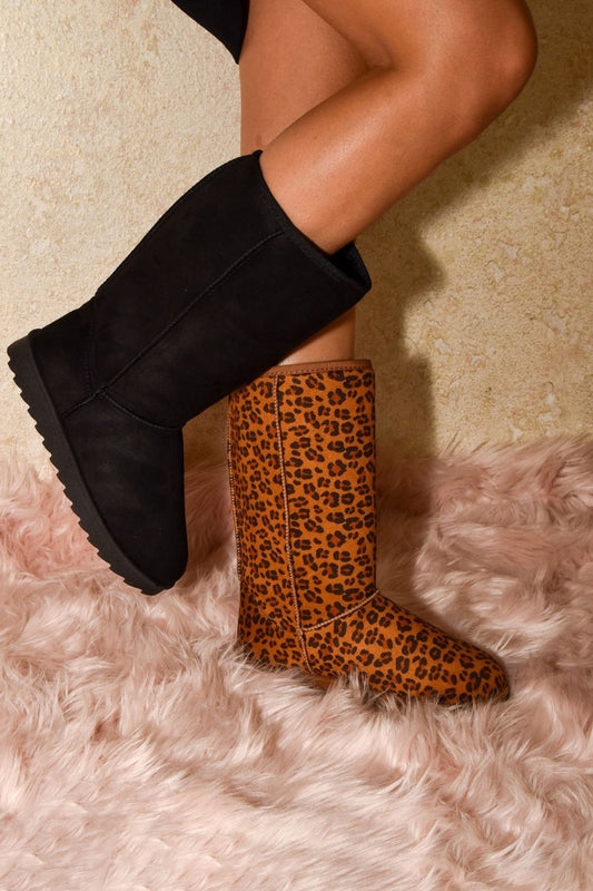 WILD DIVA Leopard Suede Round Toe Boots