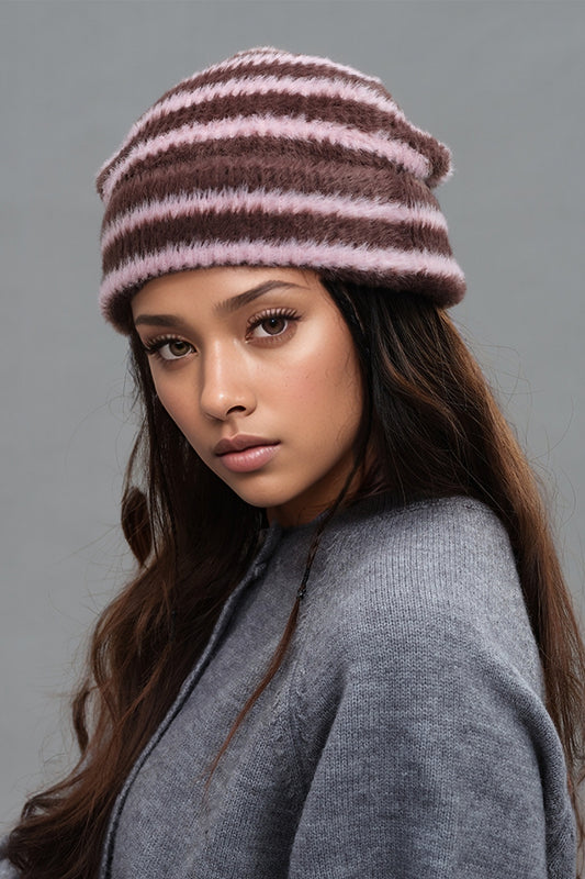 Fuzzy Contrast Striped Thermal Hat