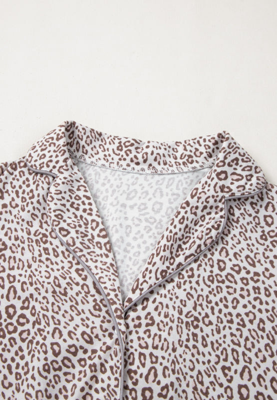 Leopard Button Down Long Sleeve Top and Pants Lounge Set